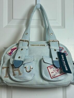 True Religion Light Blue Wash Patchwork Embroidered Satchel Handbag